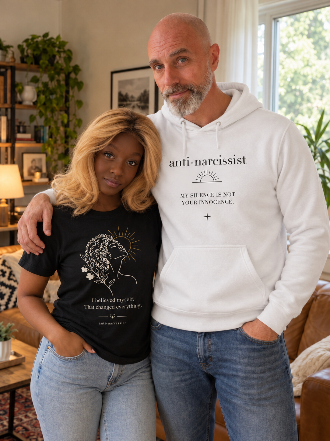 David and Kyren wearing the white My Silence hoodie and black I Believed Myself tee.